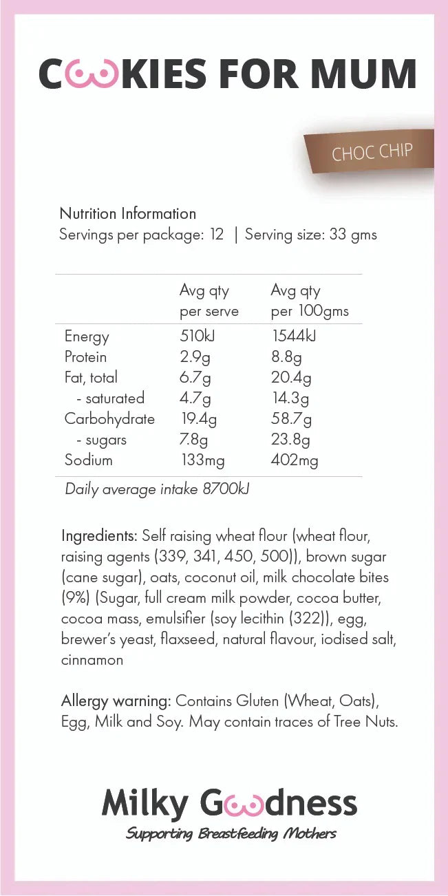 Chocolate Chip Lactation Cookies | Milky Goodness Lactation Cookies from Milky Goodness maternity store australia