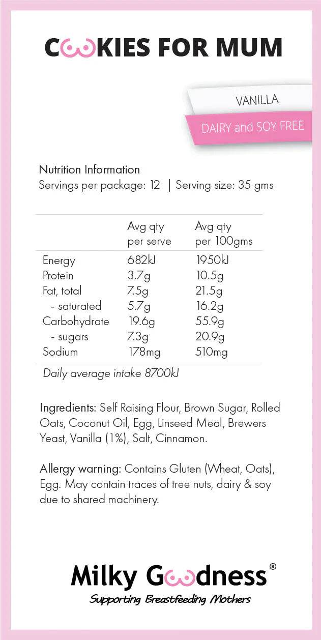 Vanilla Lactation Cookies (Dairy & Soy Free) Lactation Cookies from Milky Goodness maternity store australia