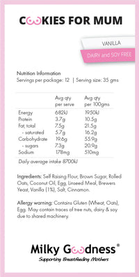 Vanilla Lactation Cookies (Dairy & Soy Free) Lactation Cookies from Milky Goodness maternity store australia