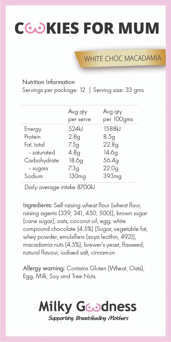 White Chocolate Chip & Macadamia Lactation Cookies | Milky Goodness Lactation Cookies from Milky Goodness maternity store australia