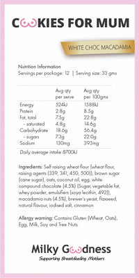White Chocolate Chip & Macadamia Lactation Cookies | Milky Goodness Lactation Cookies from Milky Goodness maternity store australia